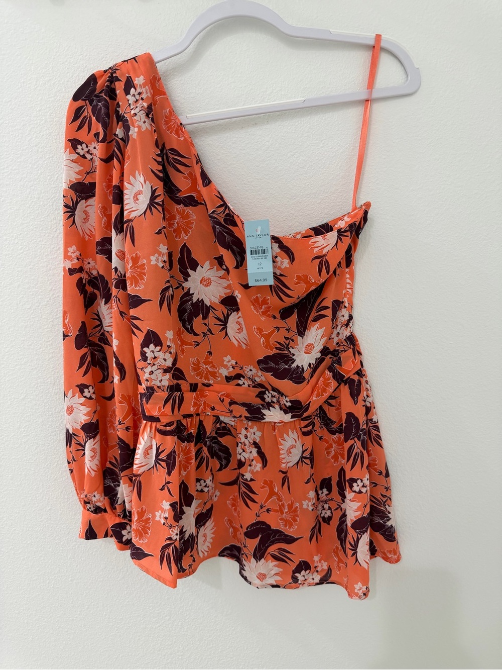 Ann Taylor One-Shoulder Floral Peplum Tunic - Orange & Brown off Shoulder